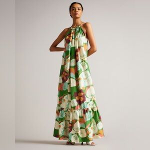 Ted Baker London Dulina Strappy Linen Maxi Dress with Pleat Detail NWT